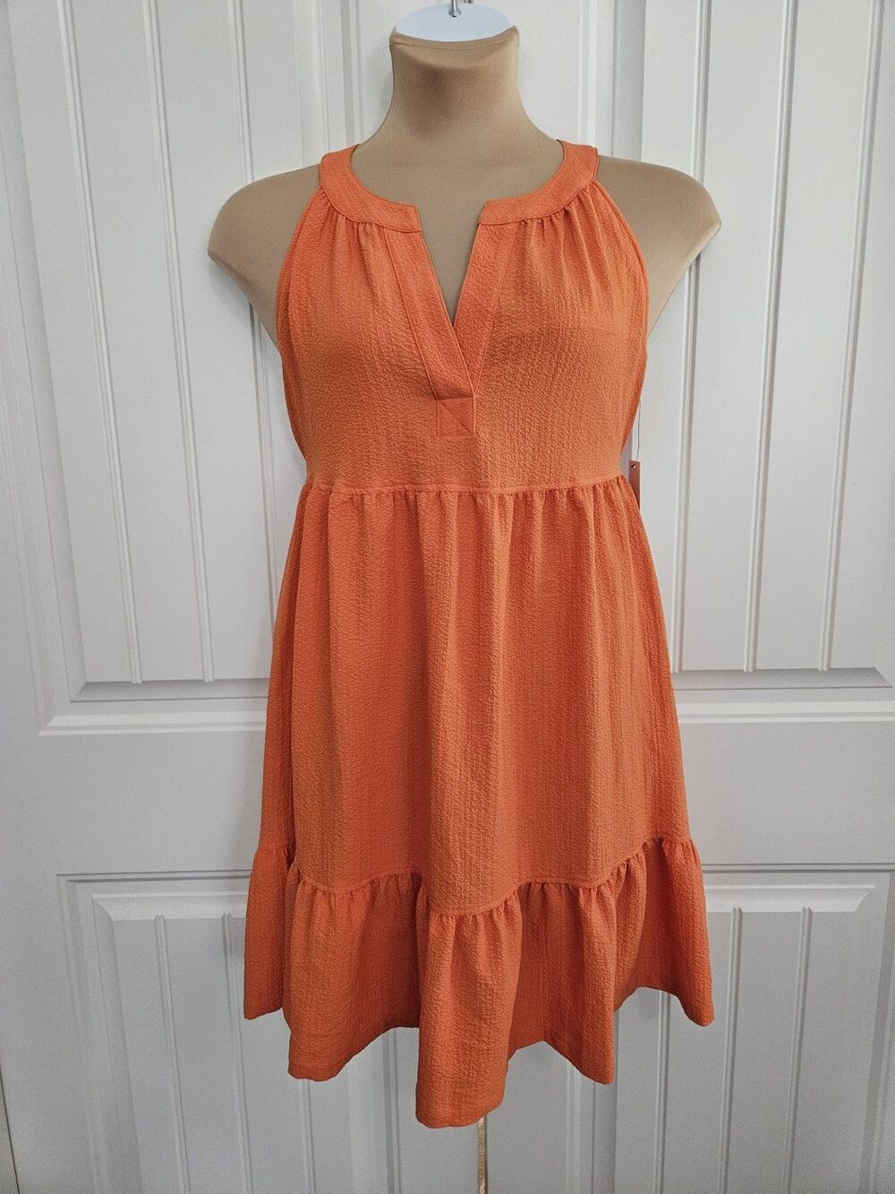Calvin Klein Crepe Halter V Neck Tie Back Tiered Orange Tropical Dress Sz 8 NWT